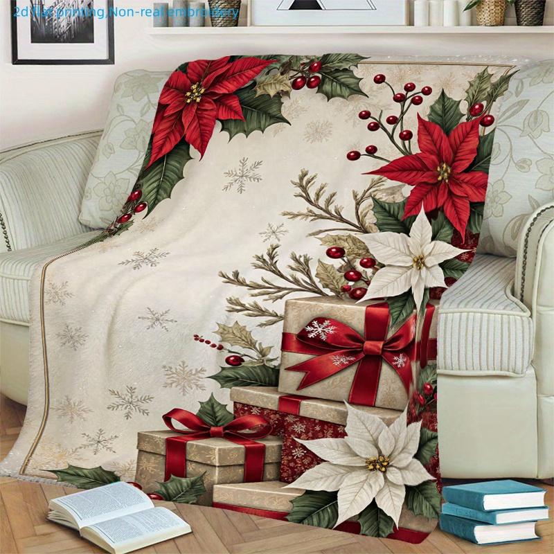 1pc Christmas Holiday Floral Print Blanket, Gift And Snowflake Theme, Multi-Size Available, Suitable for Living Room, Bedroom, Study, Office, Balcony