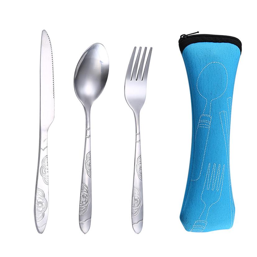 3 Pcs/set Dinnerware Portable Printed Stainless Steel Spoon Fork Steak Knife Set Travel Cutlery Tableware With Bag
