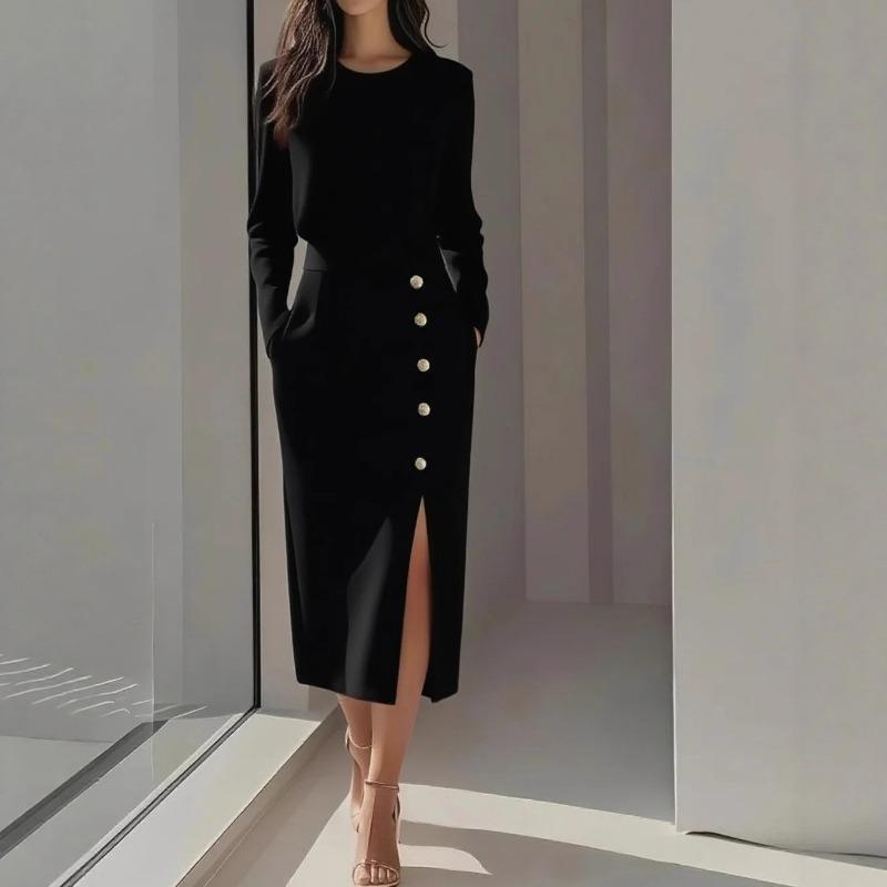 Solid Color Long Sleeve Round Neck Waist Cinched Button Decorated Slit Mid Length Women Dress