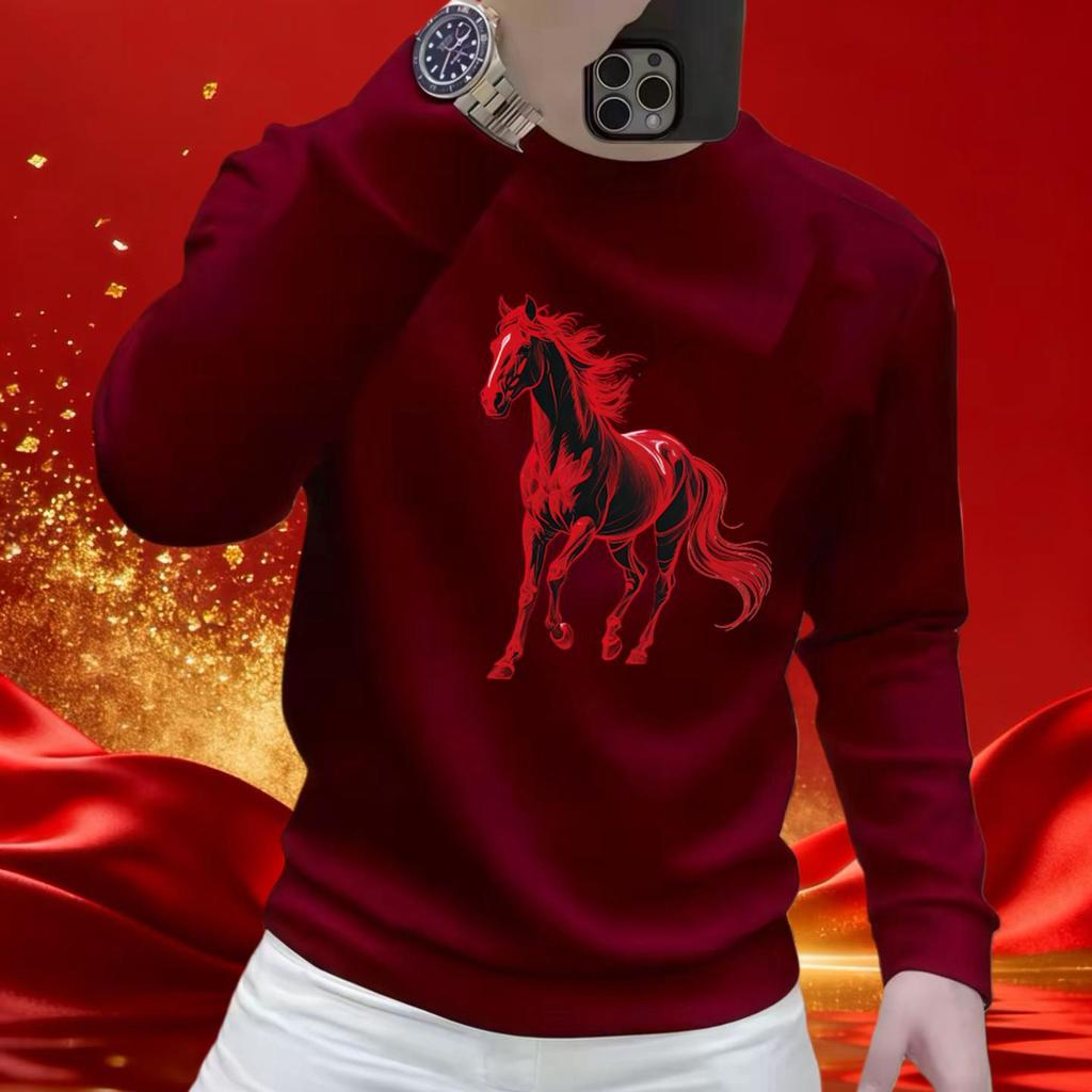 2026 Year of the Horse Zodiac Men's Red Hoodie - Cotton Print Long Sleeve T-Shirt Top