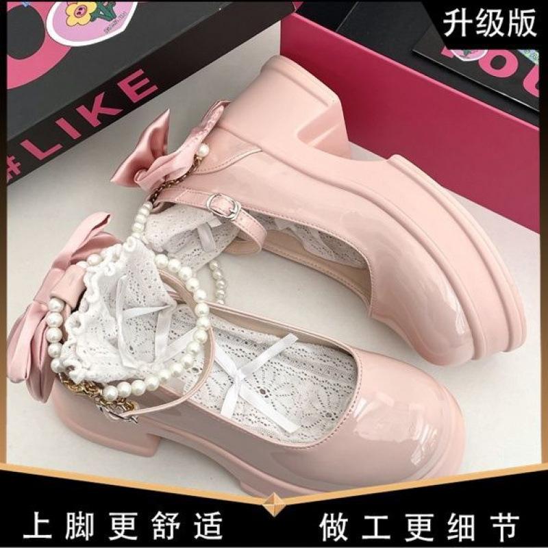 

French high-heeled Mary Jane small leather shoes women s spring new Korean version versatile bow pearl thick-soled heightening single shoes 55 heel sticker
