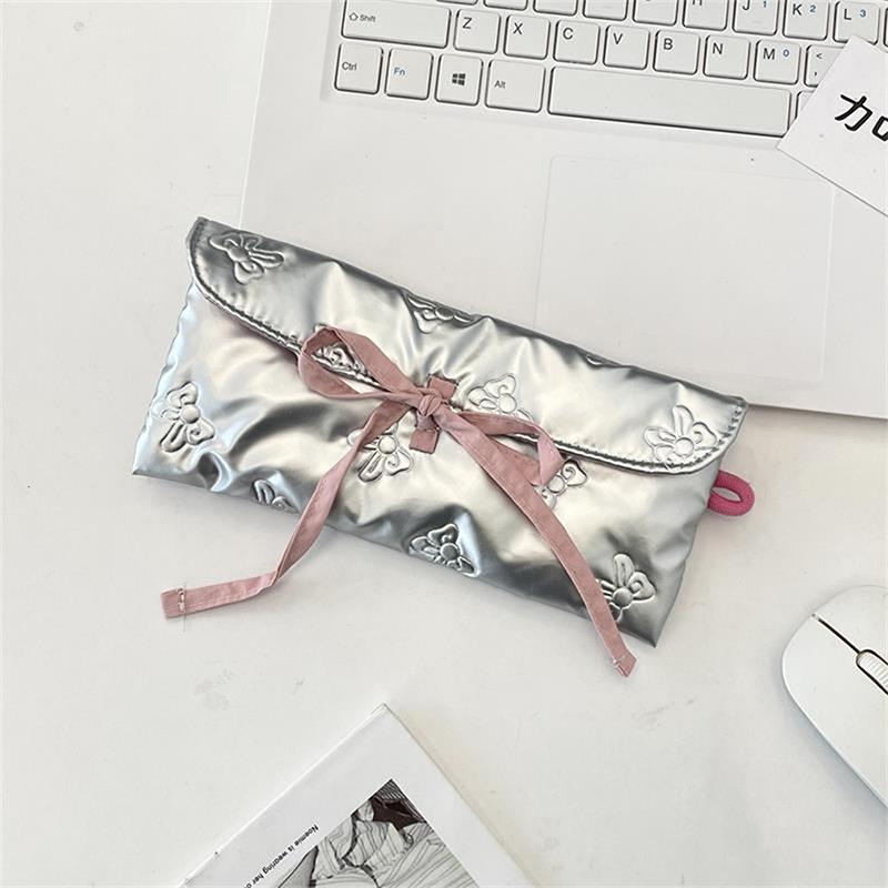 Sweet Quilted Bow Love Flap Pencil Case Organizer Coin Purse  Girly Cosmetic Bag Women Portable Sundries Storage Bag Gift