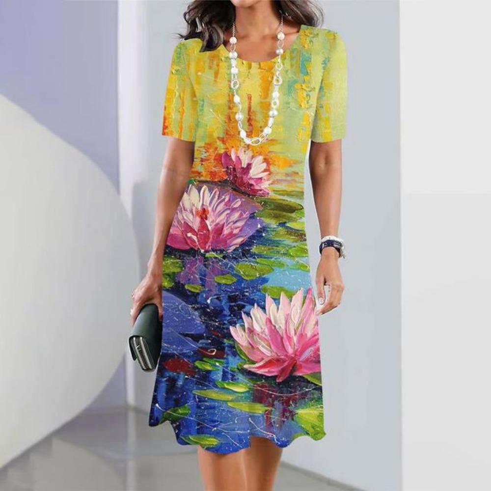 2026 Summer New Fashion Floral Print Short-sleeved Dress Women's Elegant Casual Dress