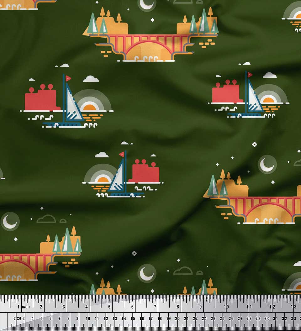 

Soimoi Black Japan Crepe Satin Fabric Bridge & Yacht Nautical Fabric Prints By metre 42 Inch 42 Inch Wide - Poly Crepe зелений