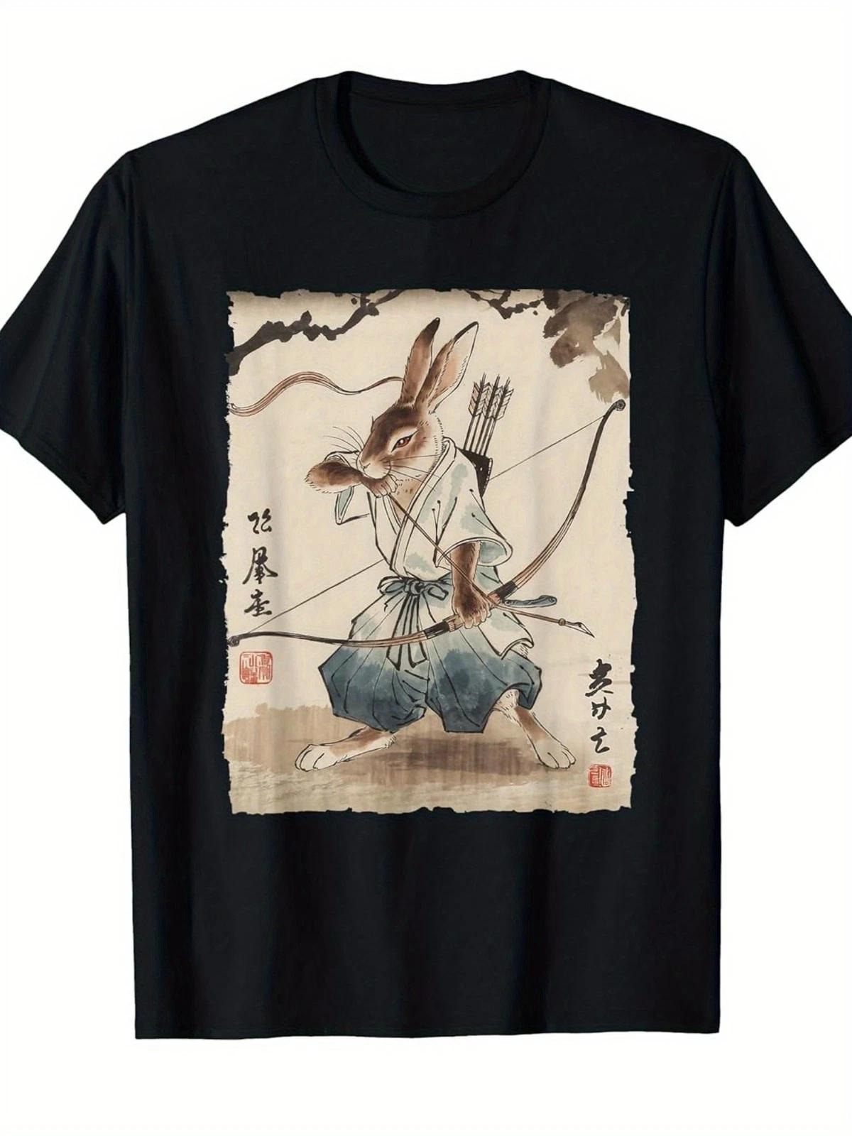 Samurai Rabbit Archer Graphic T-Shirt Japanese Manga Style Warrior Bunny Tee L