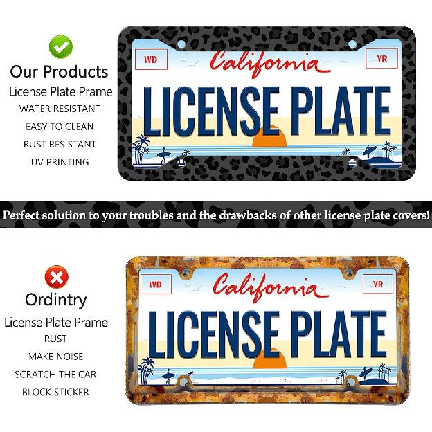 Black Leopard Print License Plate Frame - Leopard Personalise License Plate Holder, Rust-Proof Stainless Steel Waterproof Car Decorative Tag Frames