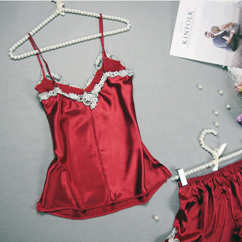 Female Sleepwear Set Solid Color Embroidery Spaghetti Strap Top + Pants 2pcs Pajama Set
