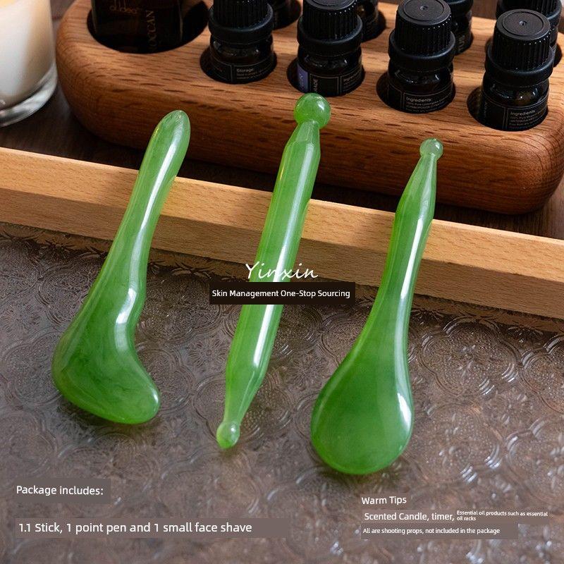 Scalp Manual Acupuncture Pen Meridian Comb Resin Plucking Muscle-Poking Stick Face Facial Beauty Massager Scrapping Plate Stick SAP Emerald Green 3-Piece Set