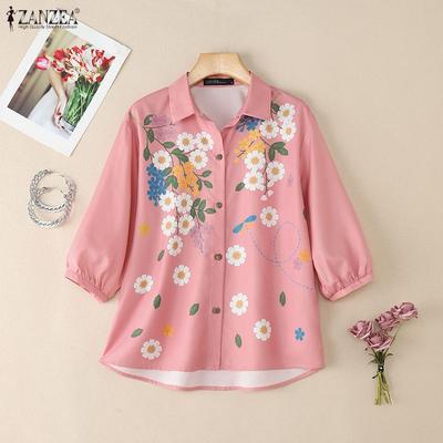 Women Turn Down Collar Loose 3/4 Sleeve Floral Print Blouse