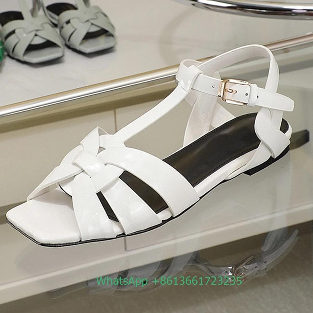 Fashion Women Cross Straps Square Toe Flat with Sandals Solid Color Open Toe Real Patent Leather Flat Sandales 2025 Newest Summer Sandal