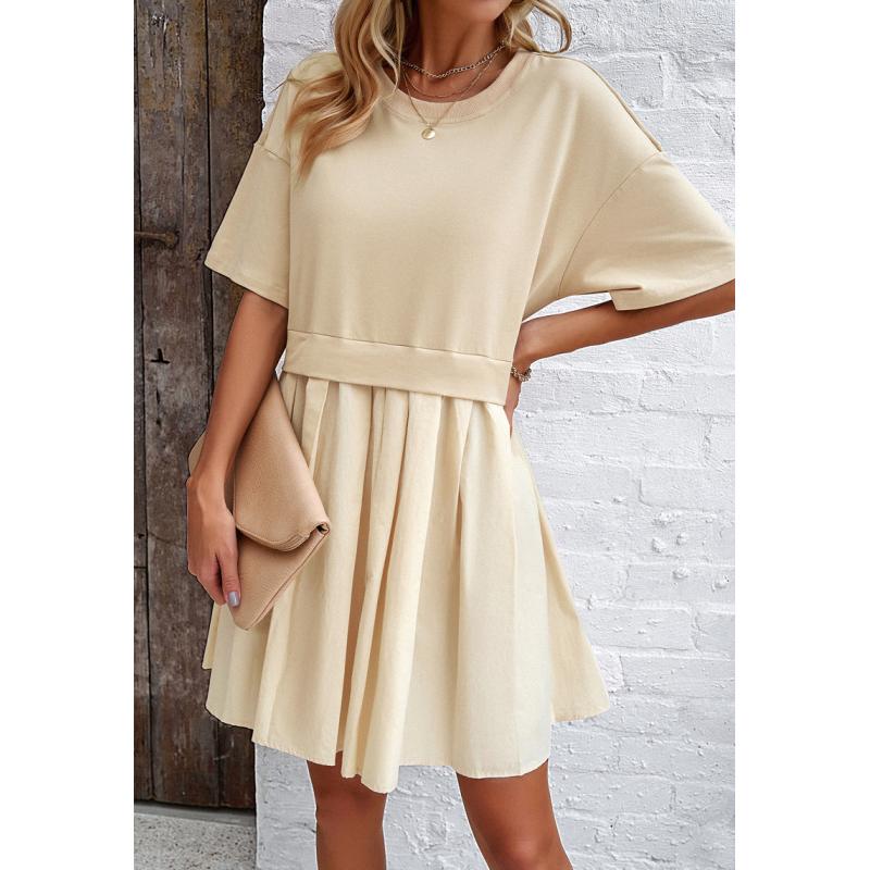 Elegant Short Sleeve Patchwork Dress Spring Summer Midi Dresses for Women