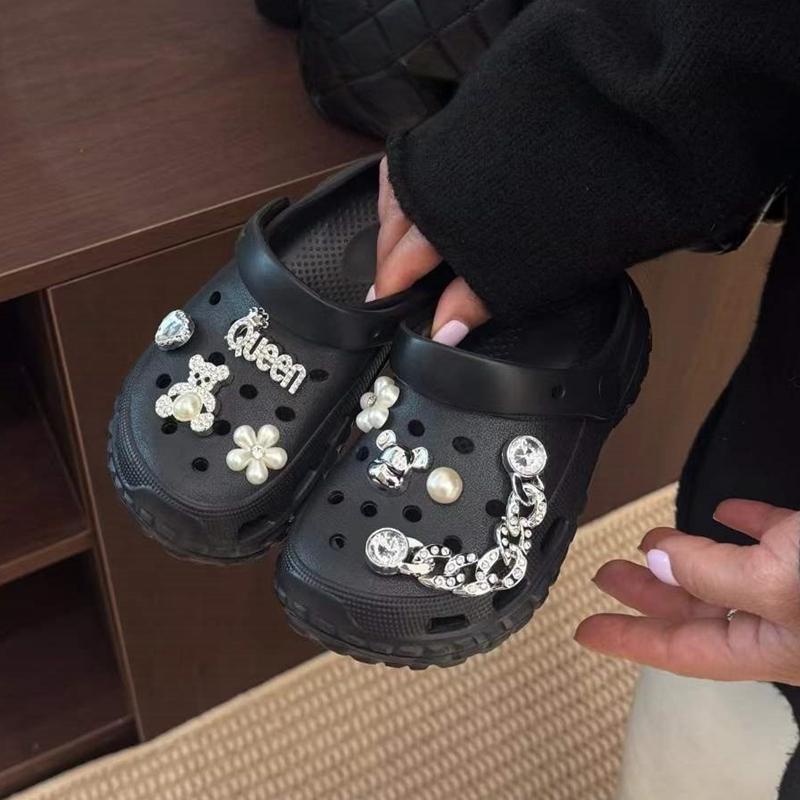 Girls Rhinestone Pearl Bear Diy Detachable Decor Thick Sole Non Slip Breathable Casual Beach Slippers 26