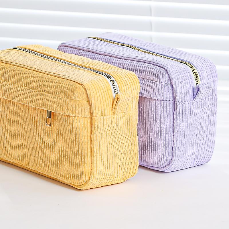 Cream Corduroy Pencil Case Big Capacity Square Shape Pen Case Pouch for Office School Supplies