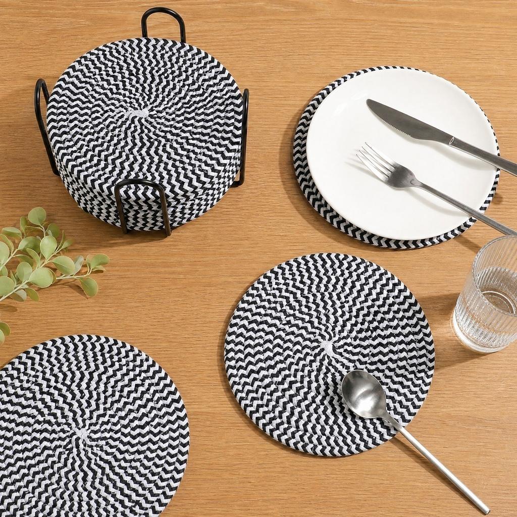 Set of 6 Round Woven Cotton Yarn Placemats with Non-Slip Heat Resistant Surface and Metal Storage Rack for Dining Table Protection