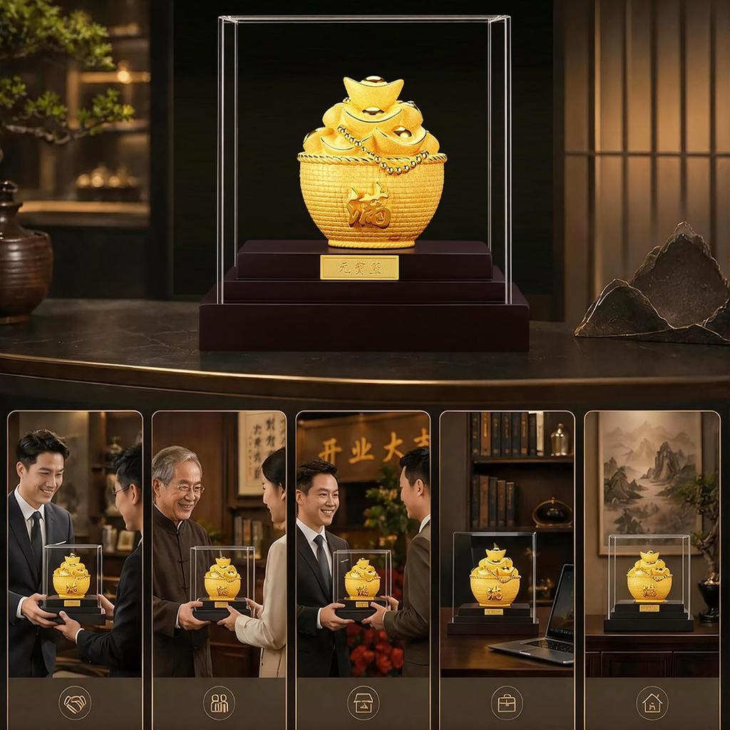 Auspicious Ingot Basket Wealth Figurine, Premium Sandblasted Metallic Sandy Finish, Oriental Feng Shui Art Style Decor, Prosperity Centerpiece for