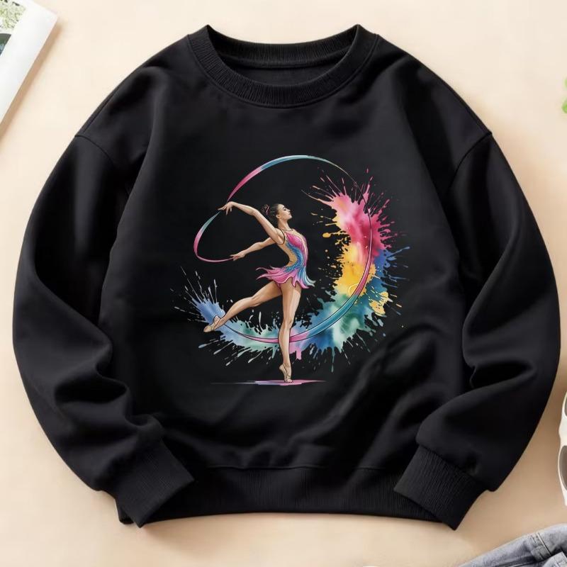 Kids Crewneck Long Sleeve Sweatshirt, Dynamic Artistic Gymnastics Girl Graphic Print, Warm Fashion Top