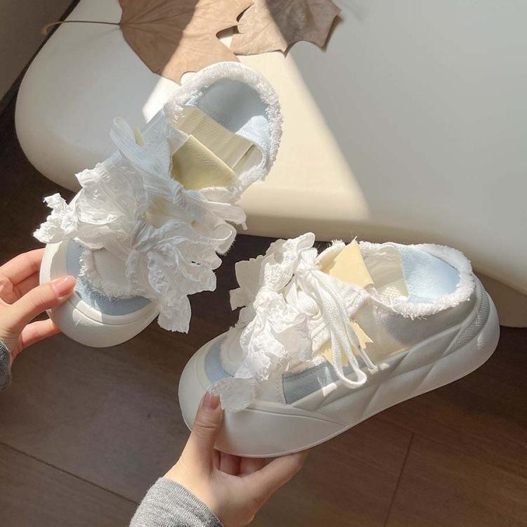 Cute Bow Platform Bread Women's Autumn Thin Ins Students Versatile Two Wear Board Shoes