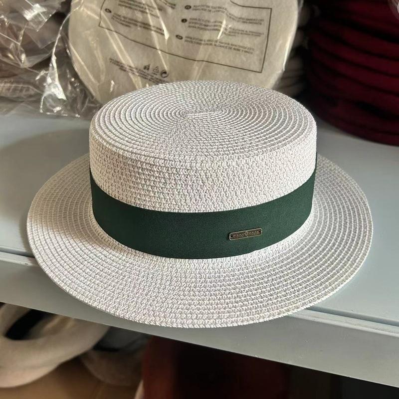 Flat Top Hat Women's Summer Vacation Seaside Panama Hat Flat Edge French Beach Hat Braided Sunshade Sunscreen Top Hat