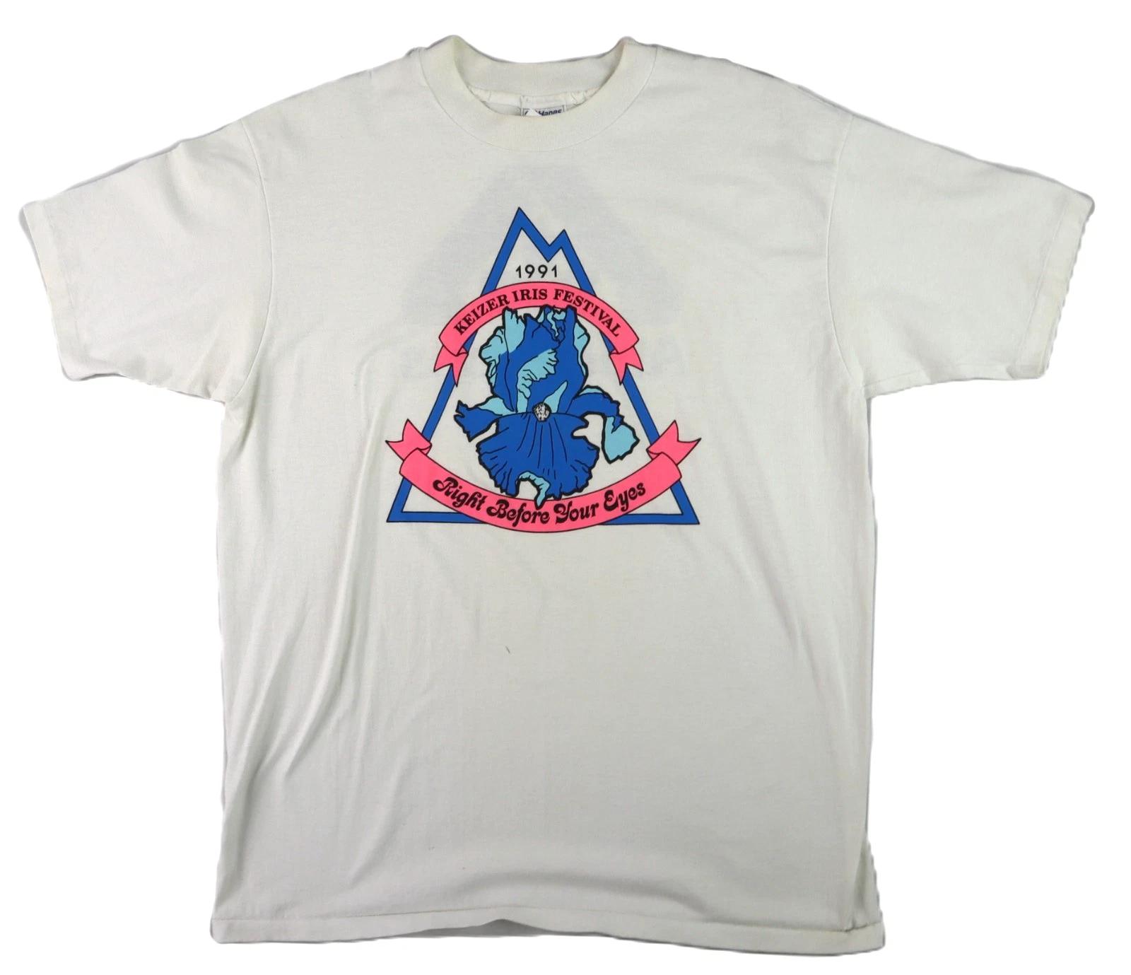 VTG 1991 USA Adult XL Keizer Iris Festival Right Before Your Eyes White T-Shirt M