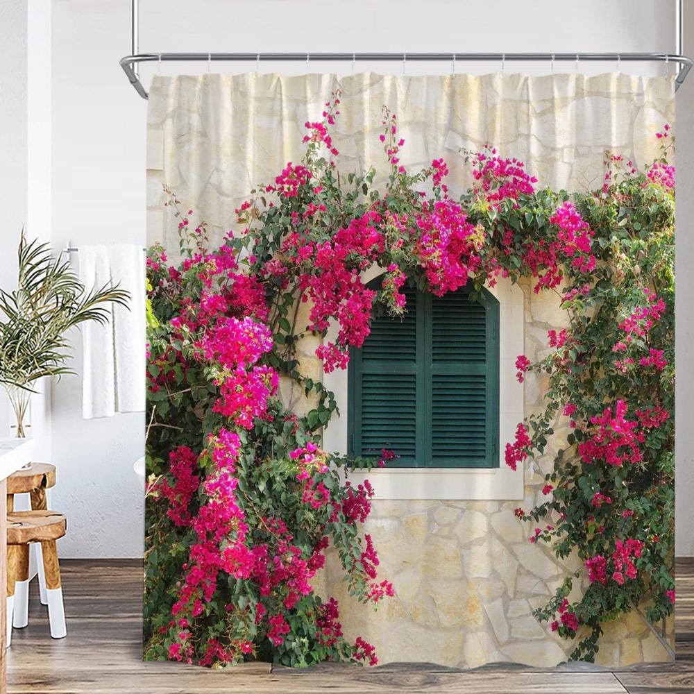 Green Vines Brick Wall Shower Curtain Pink Flowers European Garden Arch Door Bathroom Decorations Vintage Bath Curtain with Hook