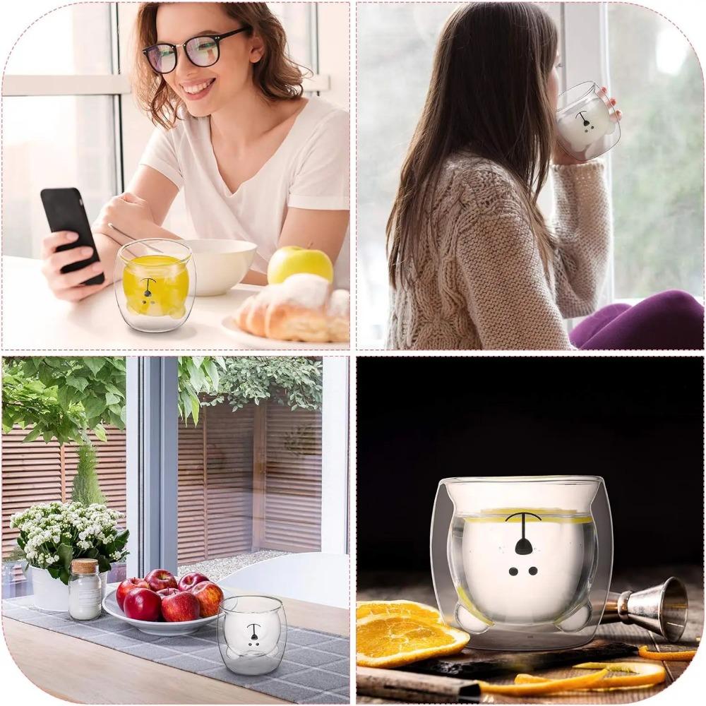 Tasse à café Double couche ours mignon créatif, tasse en verre Double, Carton Animal, verre à lait, dame, chat mignon, canard, chien, cadeau de noël