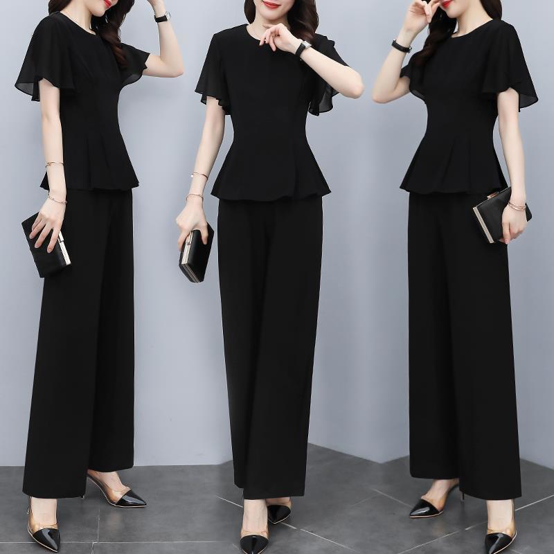 Women's Black Chiffon Shirt & High-Waisted Wide-Leg Pants Two-Piece Set for Summer