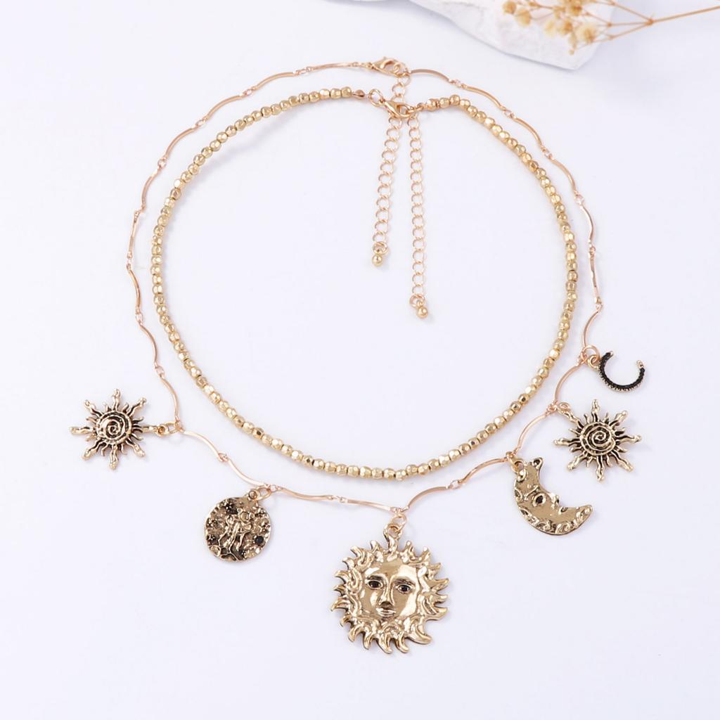 Personalized Retro Trend Design Sense Alloy Sun Moon Pendant Double Layer Stacked Chain Women's Necklace