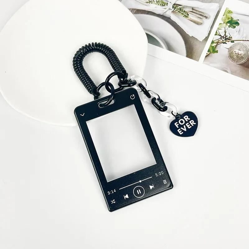 Music Player ID Card Holder with Spring Rope Heart Charm for Women Girls Kid Colorful Bus Subway Credit Card Protector Shell