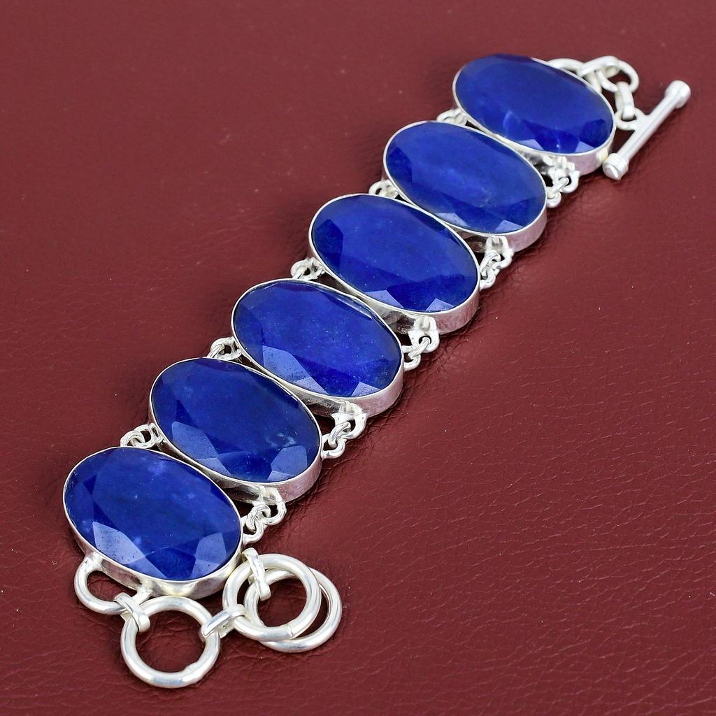 Faceted Blue Sapphire Bracelet Gemstone Bracelet 925 Sterling Silver Bracelet Adjustable Chain Bracelet Handmade Boho Jewelry Gifts for Mom