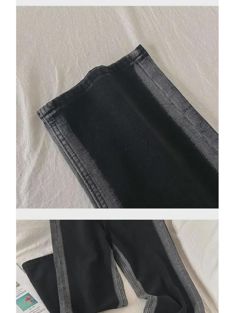 Women's Contrast Wide-Leg High-Waist Warm Jeans - Autumn/Winter Style with Velvet Lining and Slim Fit