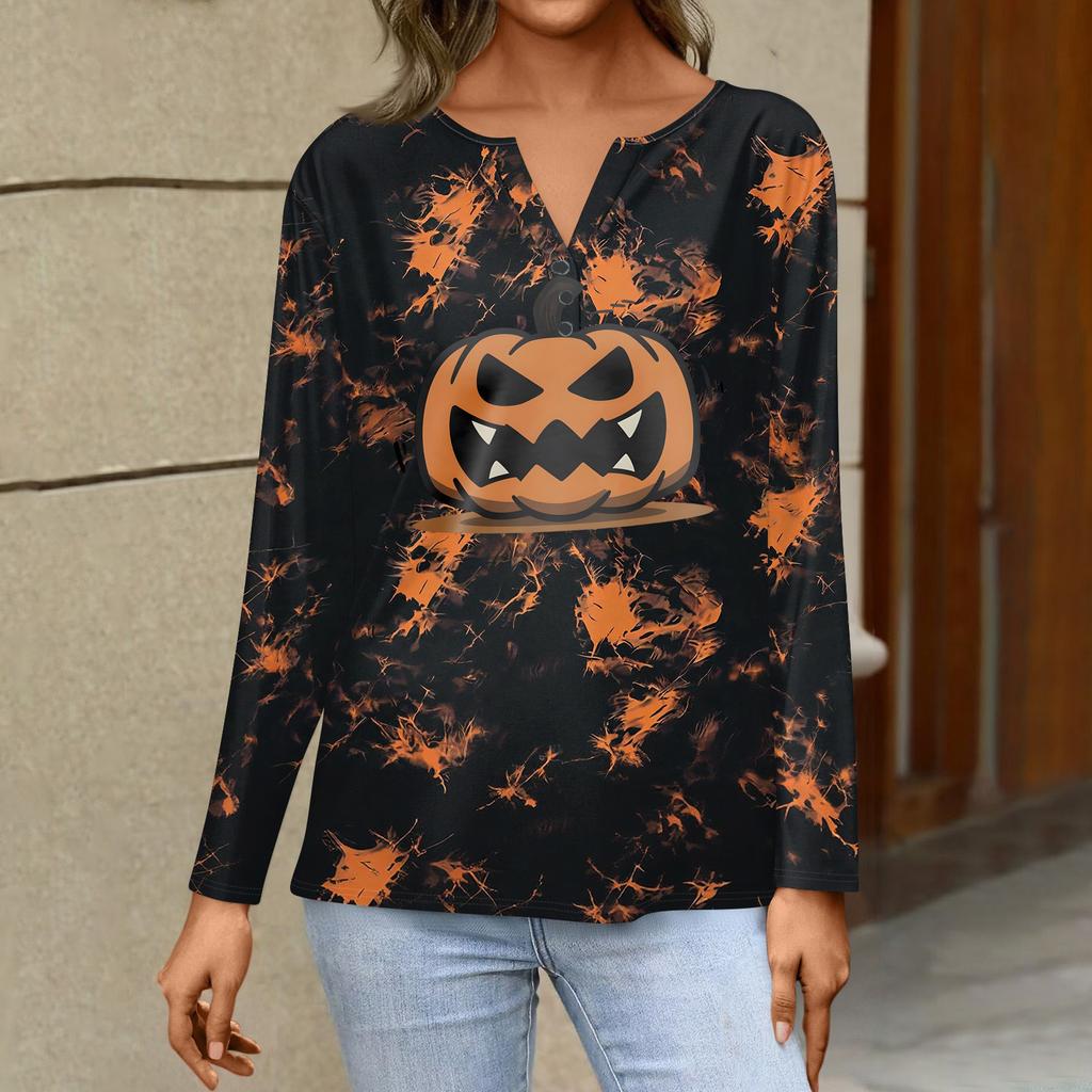 Women's Casual Long Sleeve T-Shirt with Halloween Print V-Neck and Button