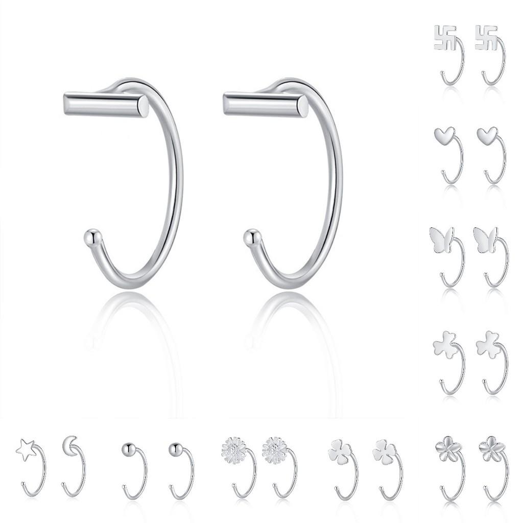 Earrings Silver Women Heart Flower Star Moon Butterfly Shape Decoration Stud