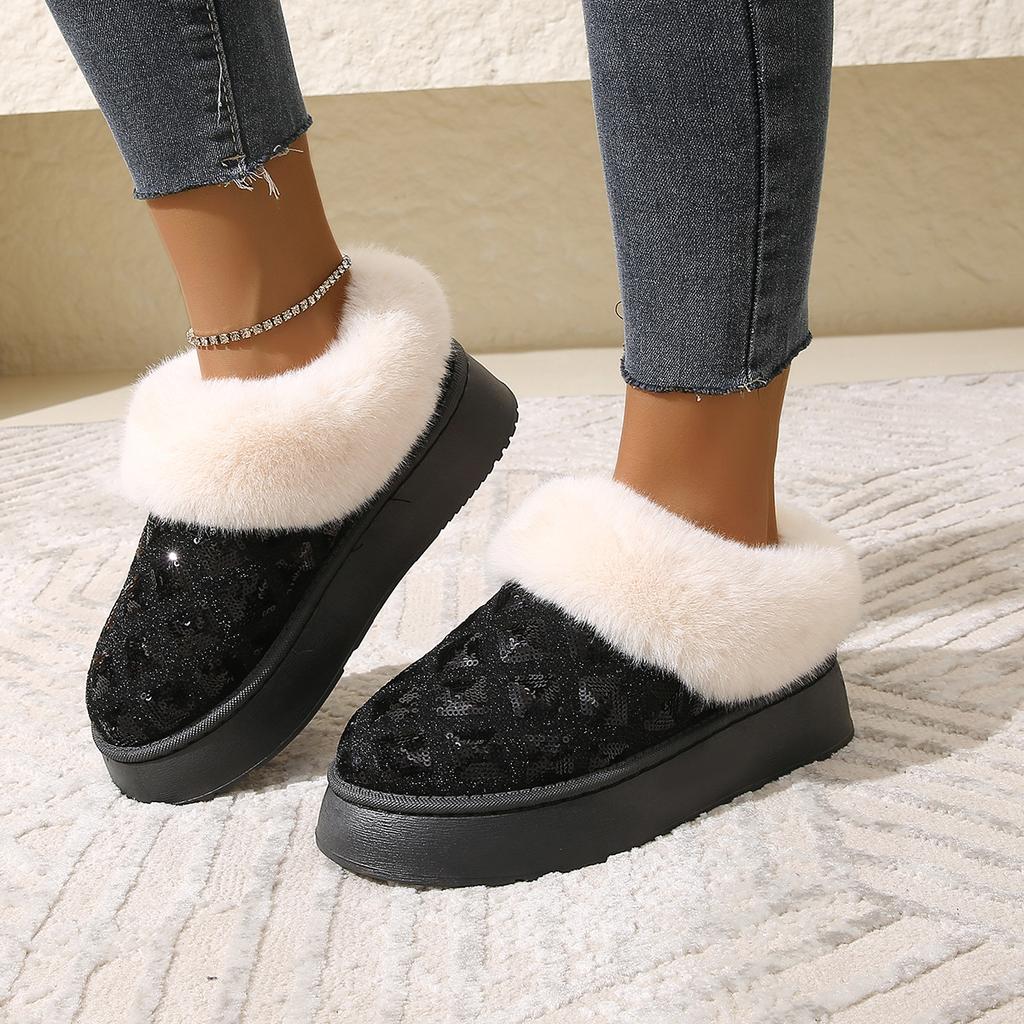 Autumn Winter Sequins Ladies' Snow Boots Thick Soled Bag And Cotton Slippers Worn With Fleece For Warmth Cotton Shoes
