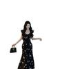 French Butterfly Print Dress Women's Summer New Waist and Thin Temperament Long Dress Black Chiffon Fishtail Dress