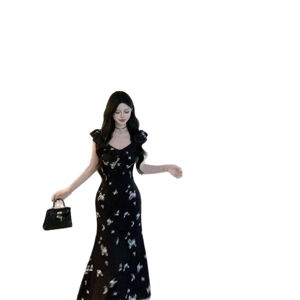 French Butterfly Print Dress Women's Summer New Waist and Thin Temperament Long Dress Black Chiffon Fishtail Dress