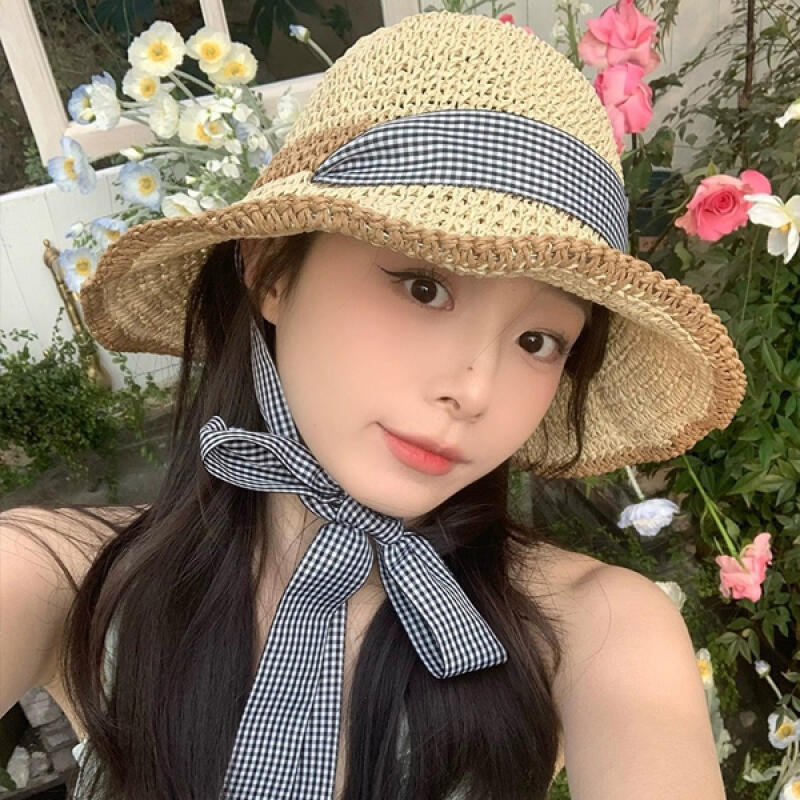 Летняя соломенная шляпа-ведро Bagidi с плетением из ротанга и клетчатой лентой Bayji