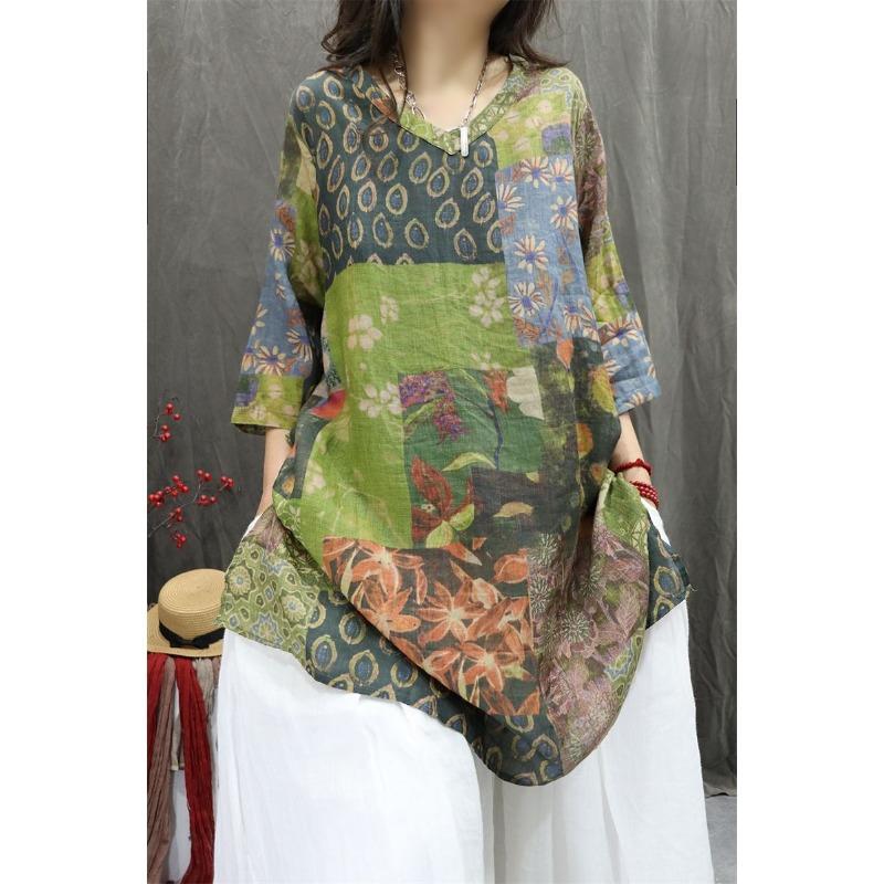 Women's Patchwork Floral Print 3/4 Sleeve Oversized Blouse Casual Loose Top