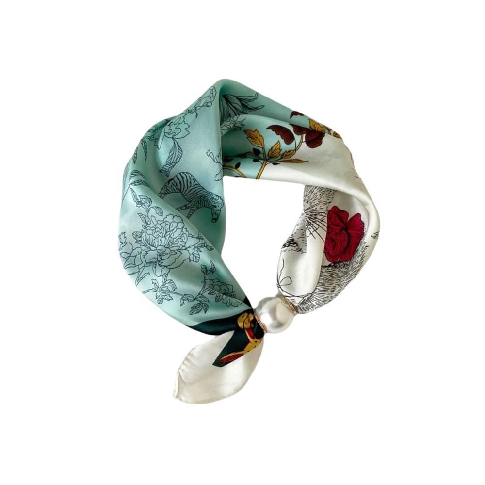 Breathable Silk Scarf Lightweight Printed Neck Scarf Elegant Pearl Buckle Scarf  Women