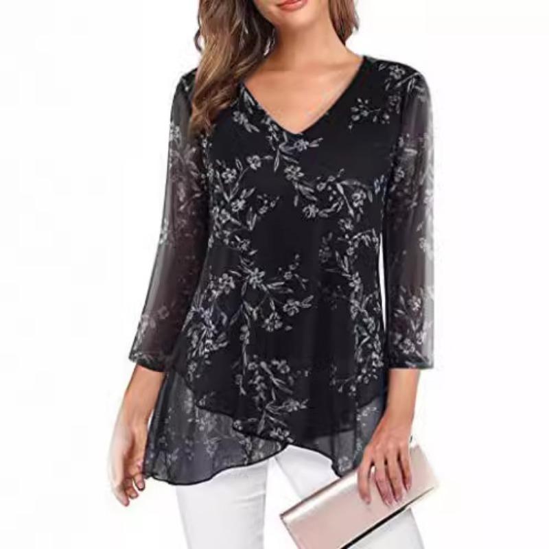 

Летние новые повседневные свободные рубашки с рукавом семь четвертей, женские асимметричные рубашки с V-образным вырезом и тонким принтом, элегантные женские модные топы, рубашки больших размеров 26490 XXXL