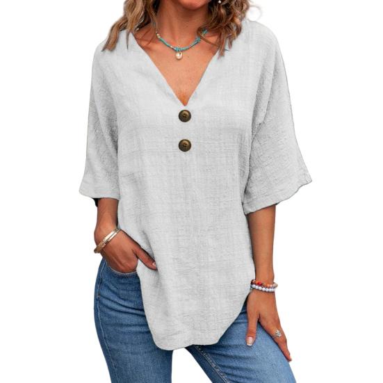 Top Estivi da Donna Scollo a V Manica a Tre Quarti Casual T-Shirt Tinta Unita Decorazione Bottoni Vestibilità Ampia Lunghezza Media Blusa