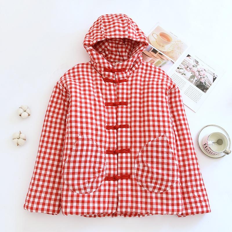 Black Plaid Hooded Cotton Clothes, Warm Cotton Clothes, Handmade Chinese Button-down Cotton-padded Jackets, Thickened Outing Jackets