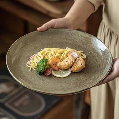 Retro Special-Shaped Large Plate Ceramic Plate Home Restaurant Western Food Pasta Plate Hotel Commercial Tableware Ceramic Plate