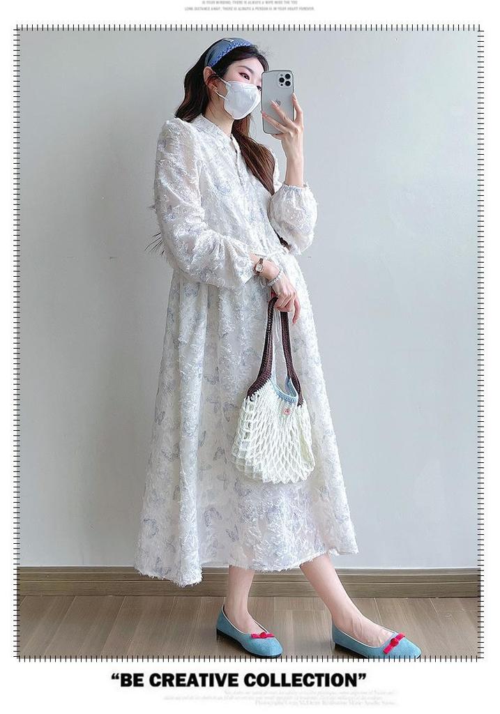 Hepburn Style Butterfly Jacquard Maternity Dress - High Quality, Long Sleeve, Early Spring 2026 Collection