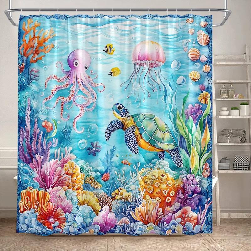 VIKAMA Underwater World Theme Shower Curtain - Waterproof and Mold-Resistant Bathroom Partition Curtain for Home Decoration