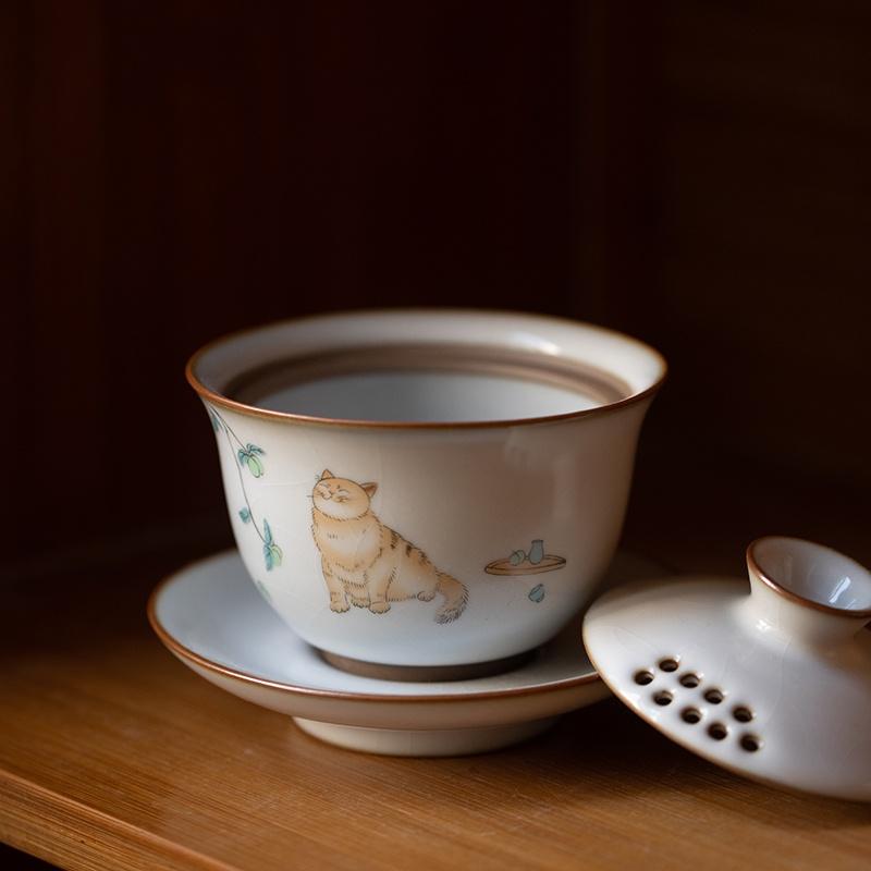 150ml Ceramic Gaiwan Ru Kiln Three Talents Gaiwan Cute Cat Tea Bowl