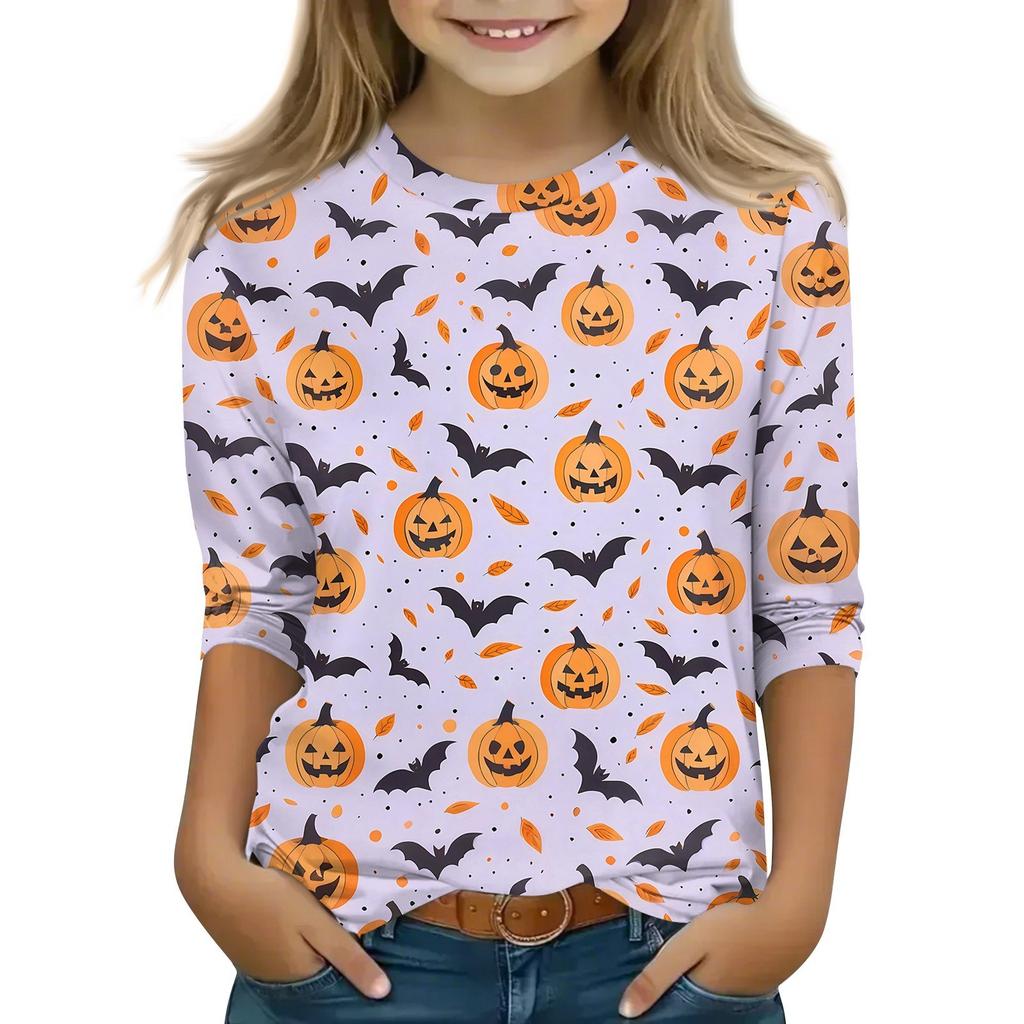 Kinder 3/4-Ärmel Tops Lässiges Halloween-Print T-Shirt Rundhals Pullover Bluse