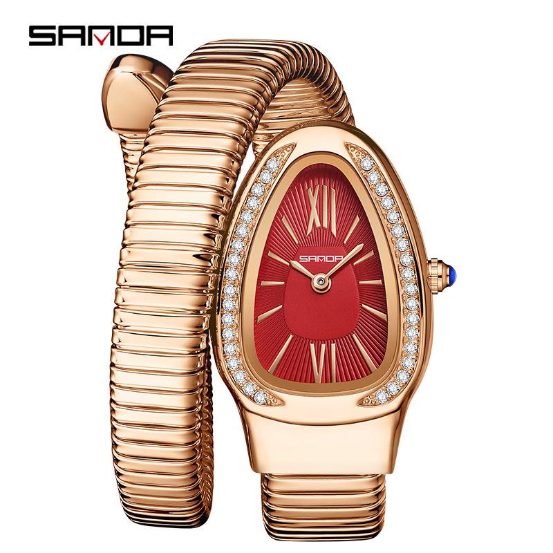 SANDA Women's Luxury Snake Head Bracelet Watch with Roman Mother-of-Pearl Dial, Diamond Accents, English Two-Hand, 30M Water Resistant.