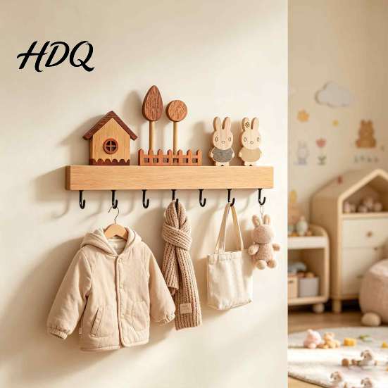 Entryway Key Storage Rack Wooden Holder with 6 Hooks Decorative Organizer No Drill Hook Rack Easy Wall Mount Installation Hanger for Home