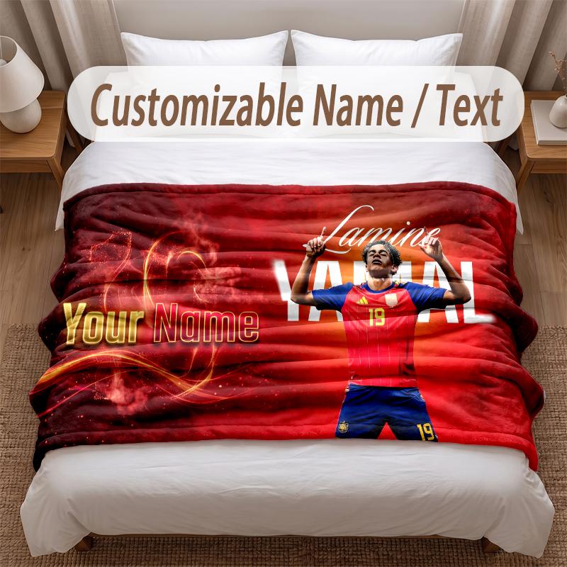Lamine Yamal Bedruckte Flanelldecke Benutzerdefinierter Name Text Weiche Warme Decke für Schlafzimmer Feiertagsgeschenk