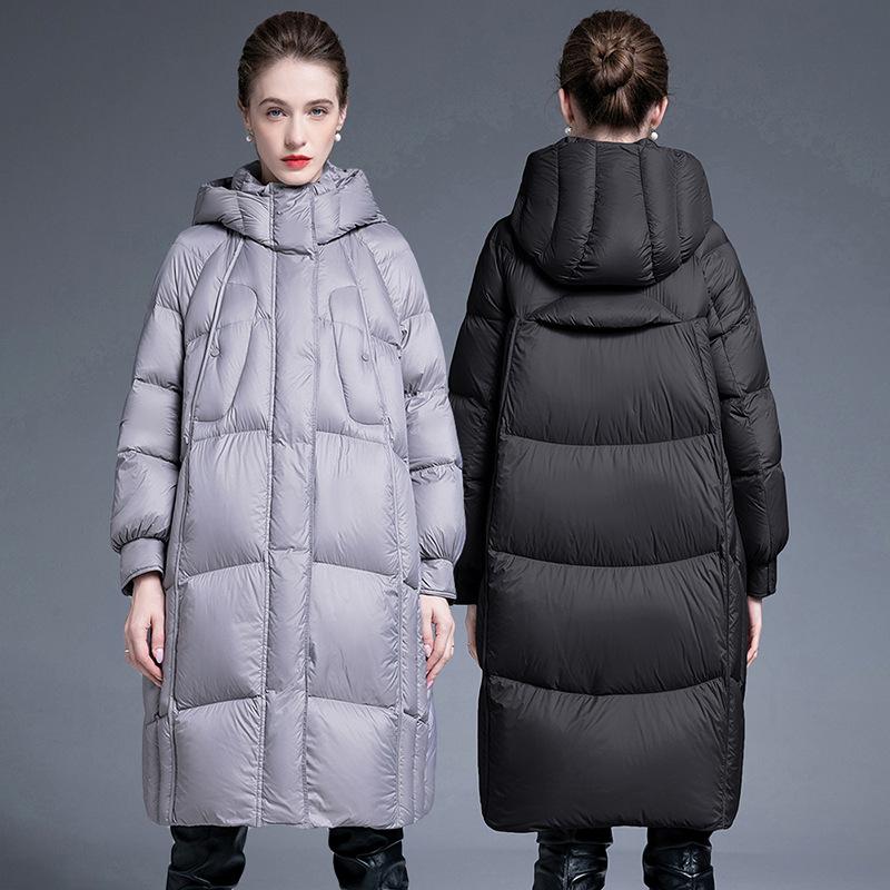 European products popular white duck down winter new knee thickened hooded large size down jacket women's medium and long